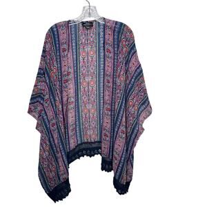 Angie Boho Kimono Cardigan Open Front Floral Paisley Lace Trim Multicolor 3X